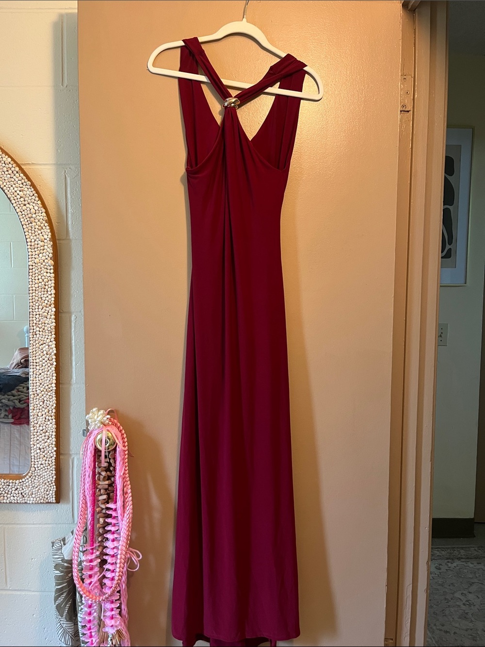 ASOS BURGUNDY EVENING GOWN WITH TWISTED BACK AND GOLD ACCENT